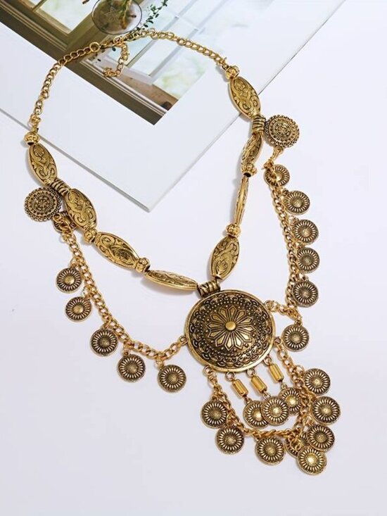 070 Antique Golden Vintage Tribal-Inspired Necklace with Coin Pendant - Multi-La - Picture 1 of 1
